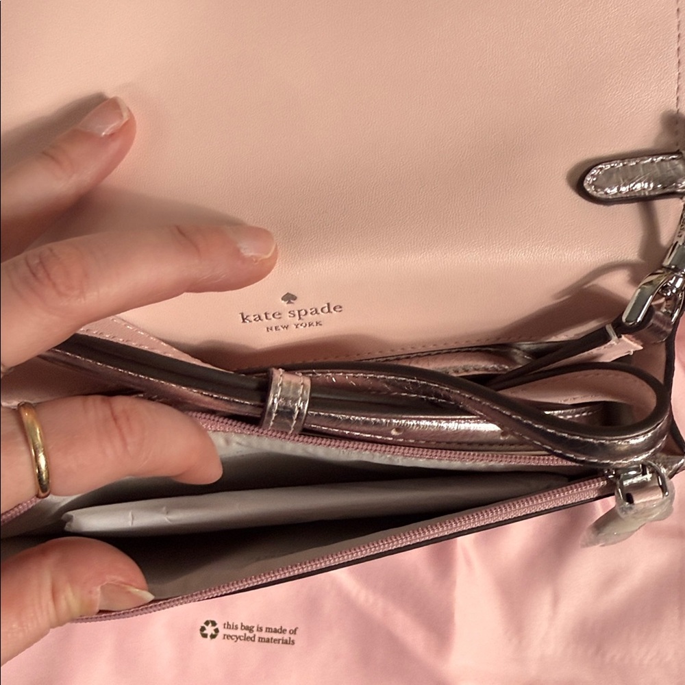 NWT Kate Spade Pink Metallic Crinkle Mini Flap Crossbody Silver Chain Clutch - Picture 8 of 15